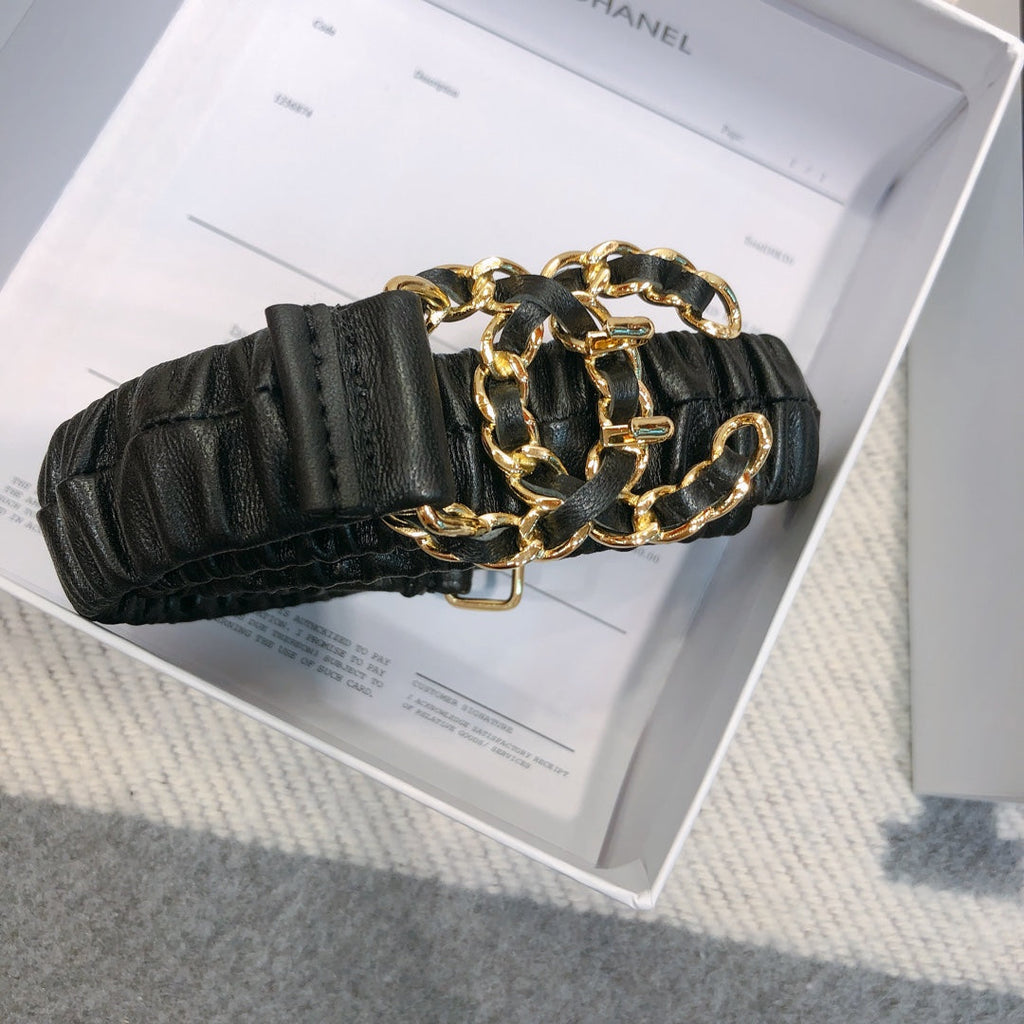 CC Rhinestone Logo Buckle 30mm Elastic Black Lamskin Belt 614238