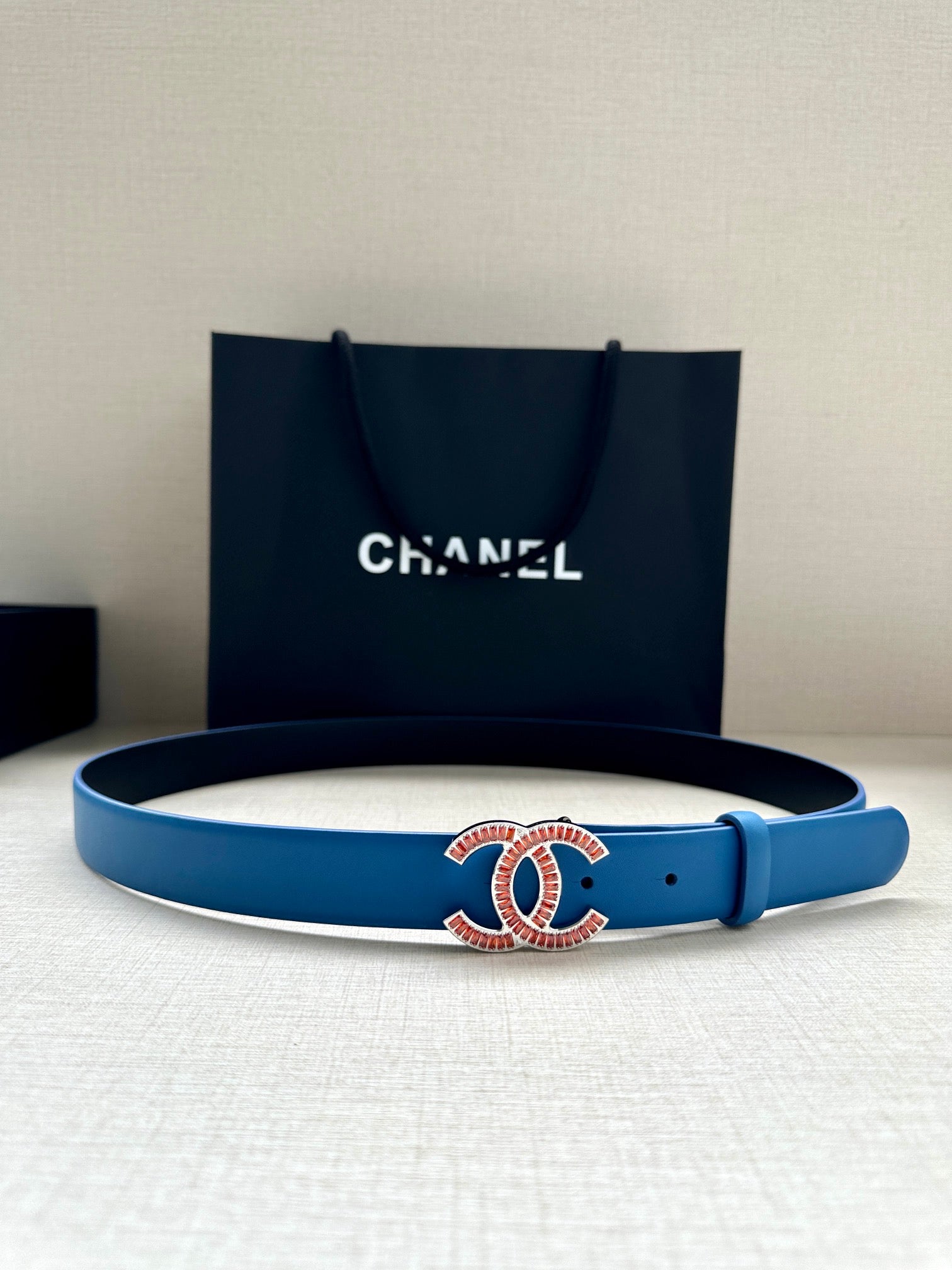 CC Women's Belt 3.0CM Blue Black Cowhide Red Buckle 616963