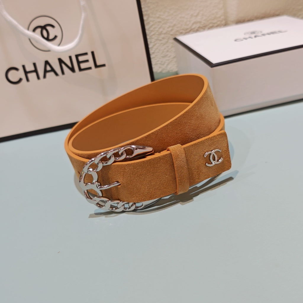 CC Belt 3.0CM Camel Brown Suede Sliver Buckle 198422