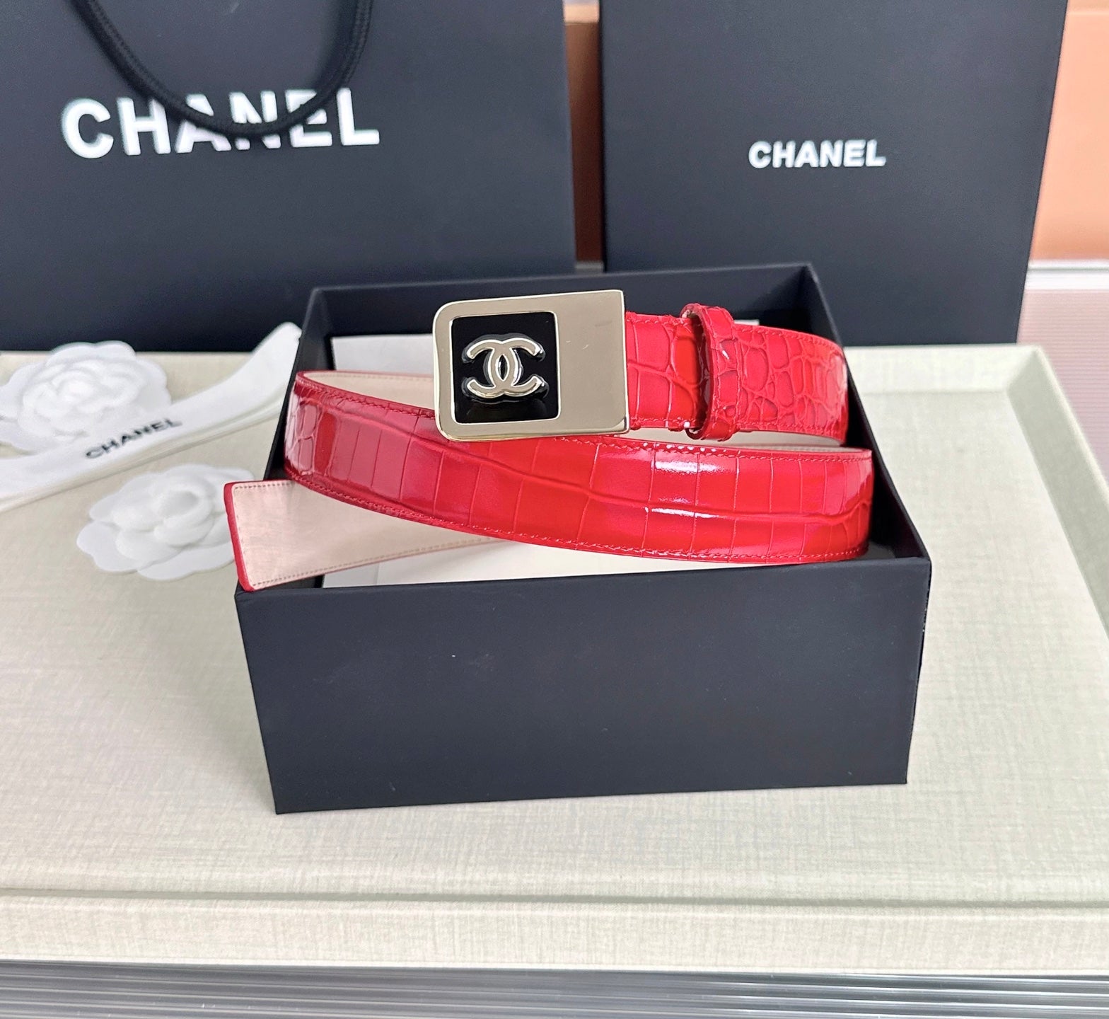 CC 3.0cm Belt Red Crocodile-Embossed 209364