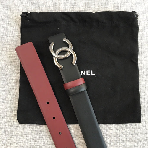 CC 2022 3.0cm Reversible Gunmetal Belt Calfskin Black Burgundy Calfskin