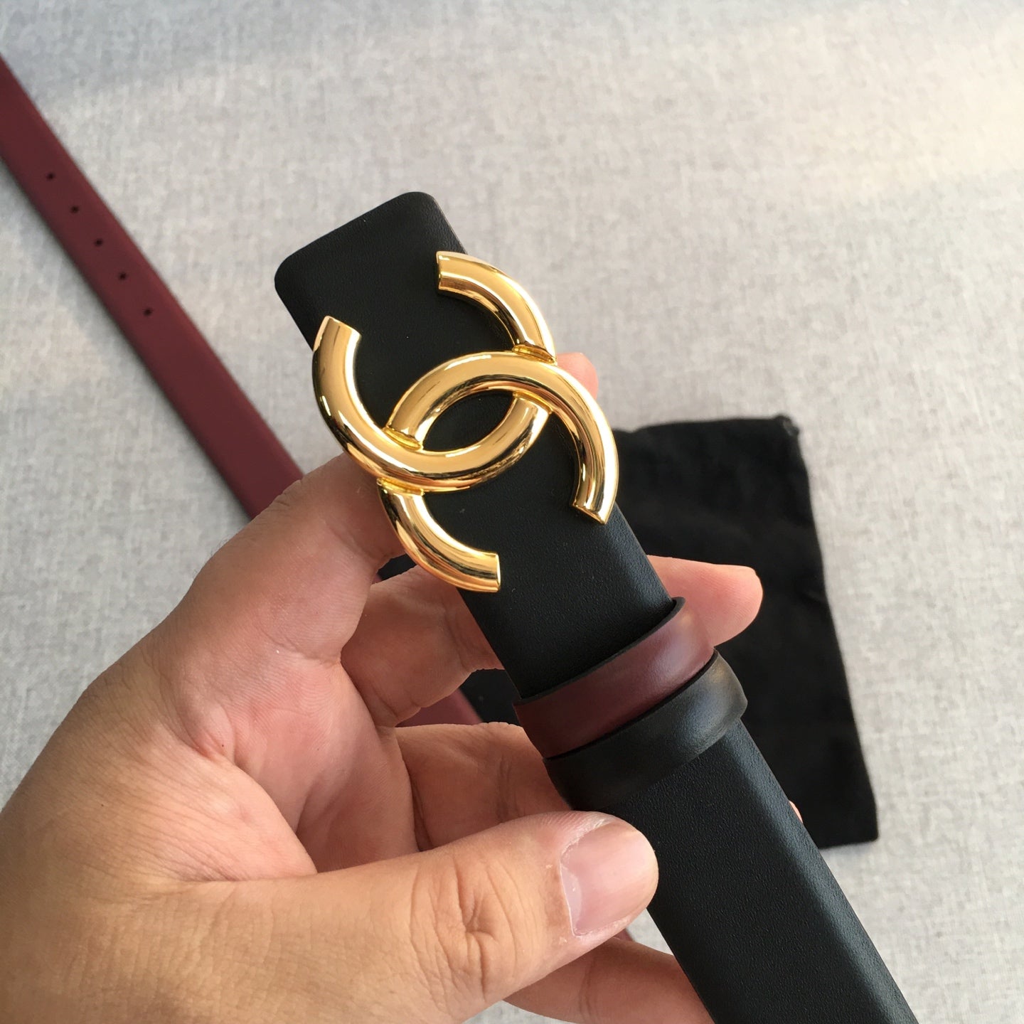 CC 2022 3.0cm Reversible Gold Belt Calfskin Black Burgundy Calfskin